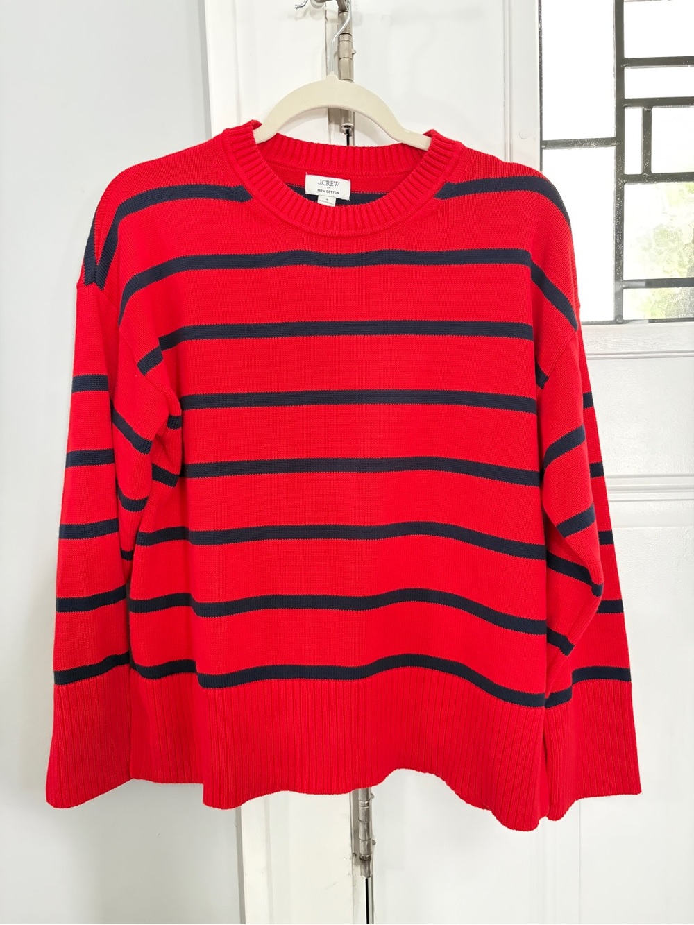 J. Crew Red with Navy Stripe Crewneck Sweater